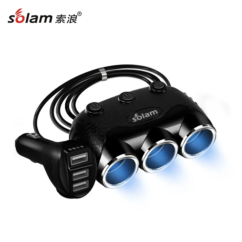 

Solam Triple Cigarette Lighter with Switch Button Car for One in Three Distributor Dual USB Car Charger