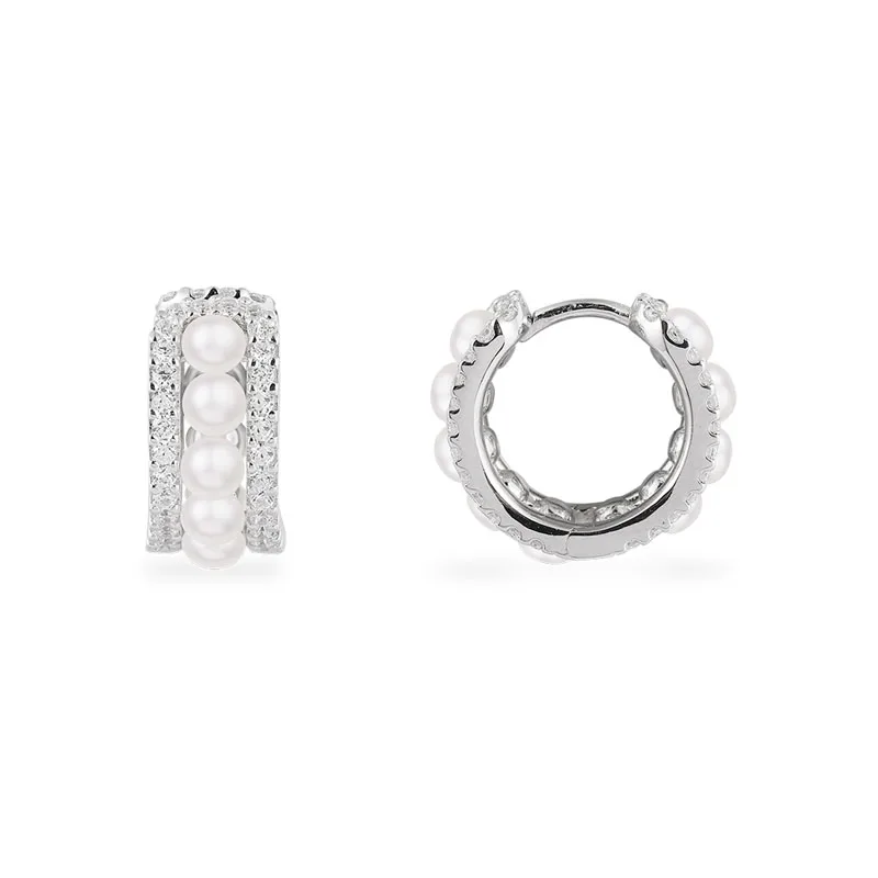 SLJELY Fashion Real 925 Sterling Silver Small Double Hoop Earrings with Pearls Cubic Zirconia Stones Women Fine Romance Jewelry | Украшения