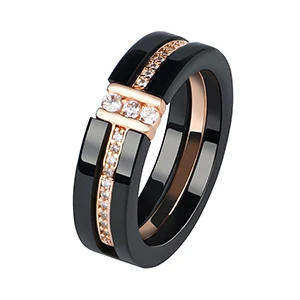 Black Rose Gold Половина один ряд CZ Стразы Керамика кольца, золото, розовое золото, Цвет Для женщин палец два слоя здоровый черный, белый цвет кольца никогда не выцветает - Цвет основного камня: Black Rose Gold