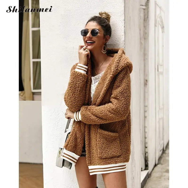Женское флисовое пальто с капюшоном розовая Chaqueta Mujer Новая модная женская куртка из искусственного меха осень-зима; в повседневном стиле Свободное пальто-Тедди