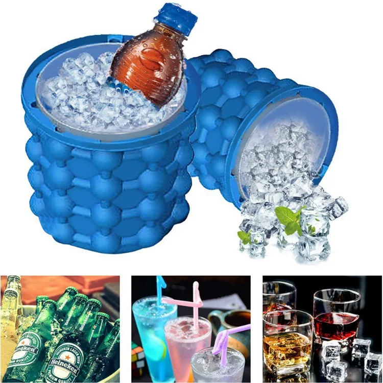 Dropshipping Portable 2 in 1 Large Silicone Ice Bucket Mold with Lid Space Saving Cube Maker Tools for Kitchen Party Barware