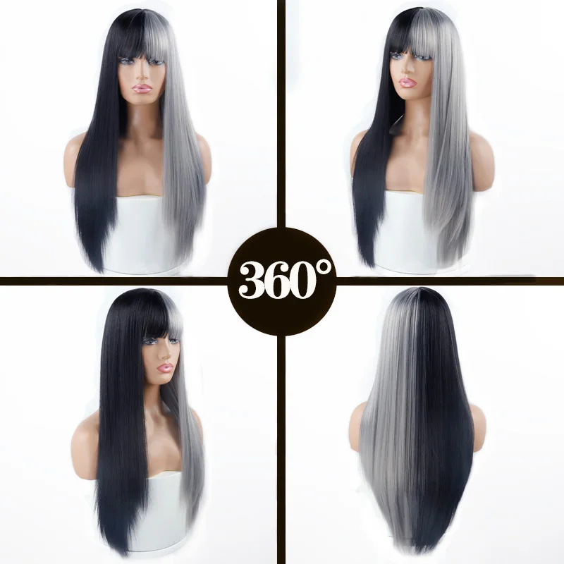 Linghang Gray and Black Wig Long Straight hair Cosplay Wig Two Tone Ombre Color Women Synthetic Hair Wigs Linghang Gray and Black Wig Long Straight hair Cosplay Wig Two Tone Ombre Color Women Synthetic Hair Wigs
