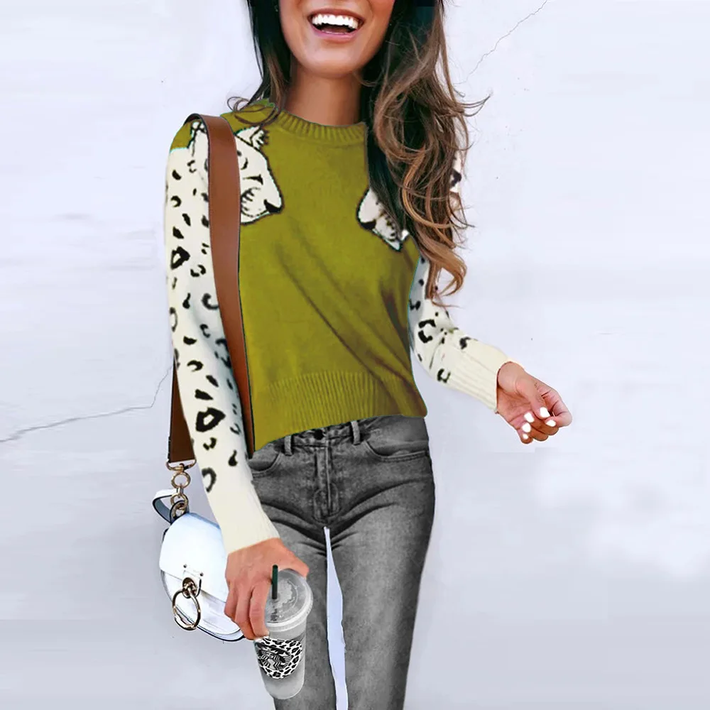 Свитер с изоляцией Женский леопардовый узор рука вязанная Свободная рубашка с длинным рукавом пуловер свитер осень и зима
