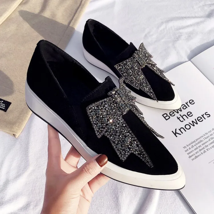 

Wave Reduced Fish WOMEN'S Genuine Leather Shoes Spring And Summer England Casual Shoes Man-made Diamond Bow Pointed-Toe WOMEN'S