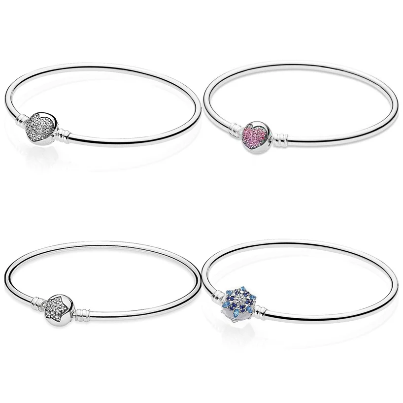 

Crystalized Snowflake Love Heart & Clasp Smooth Bangle Fit Fine Snake Bracelet 925 Sterling Silver Bead Charm Jewelry