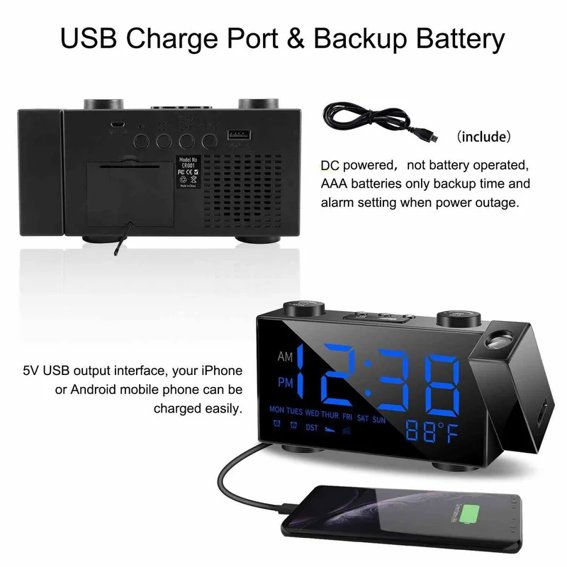 LED FM Radio Alarm Clock Digital Time Projection Desk Clock Snooze Function Temperature Display USB
