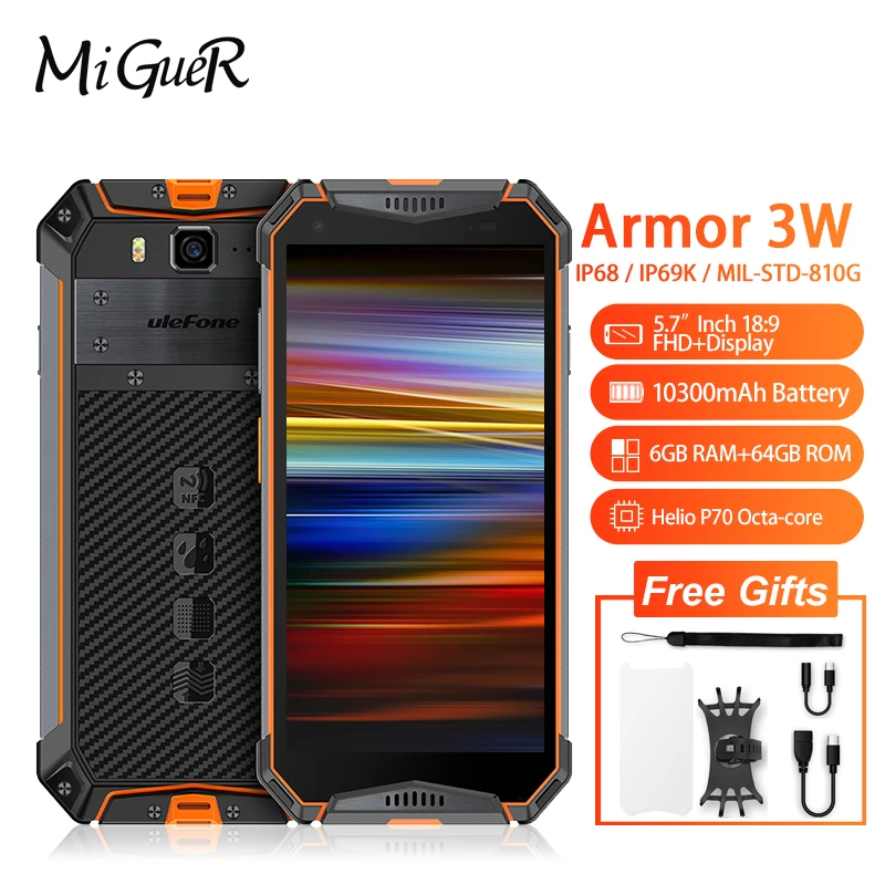 Ulefone Armor 3W 5," FHD+ Android 9,0 Helio P70 Octa Core 6 ГБ 64 Гб Смартфон 21 МП 10300 мАч 4G OTG NFC мобильный телефон