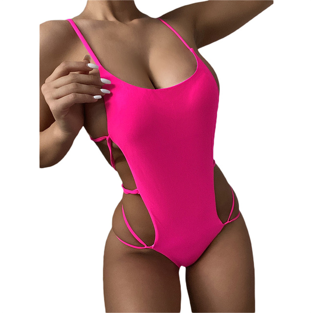 Female Swimsuit Solid Color Bikini Swimwear Summer Sexy Backless Bandage Triangle Bodysuit Beachwear Monokini 2022