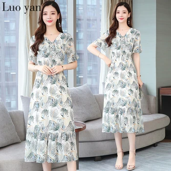 

New Female Boho Chiffon Summer Dresses Woman Bohemia Floral Short Sleeve Vacation Sundress Fashion Printing Casual Long Dresses