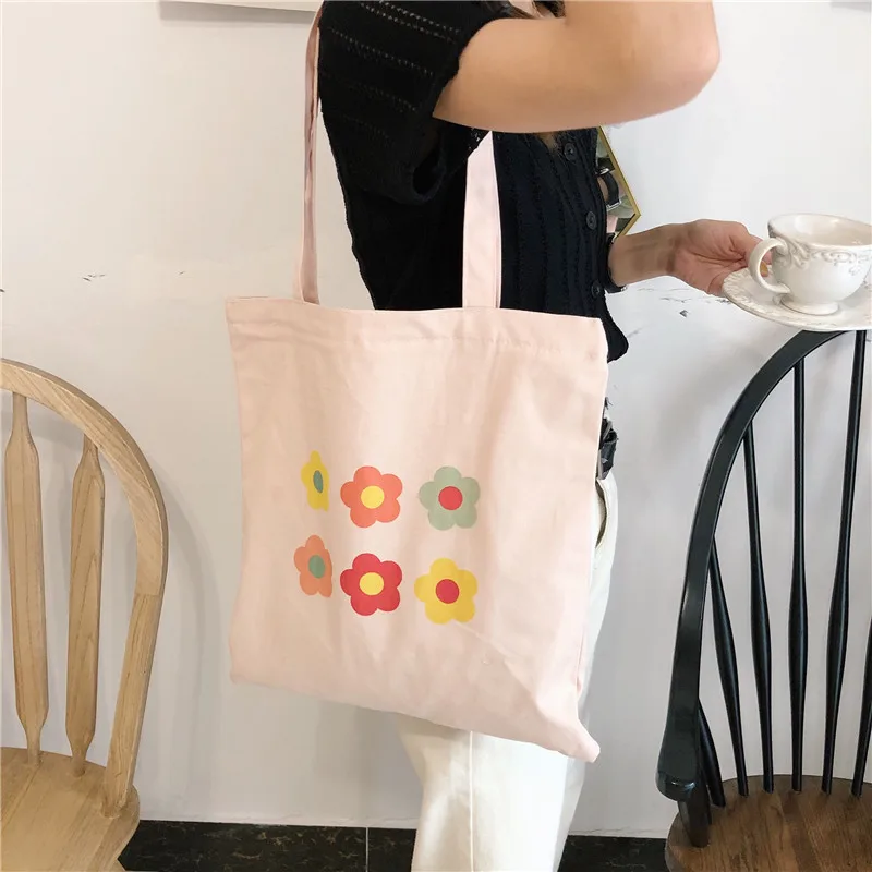 pink GABWE, многоразовая Хлопковая сумка для покупок, женская сумка Ins, Цветочная Холщовая Сумка-тоут, с принтом, Эко сумка для продуктов, Студенческая сумка на молнии, сумки через плечо - Цвет: pink
