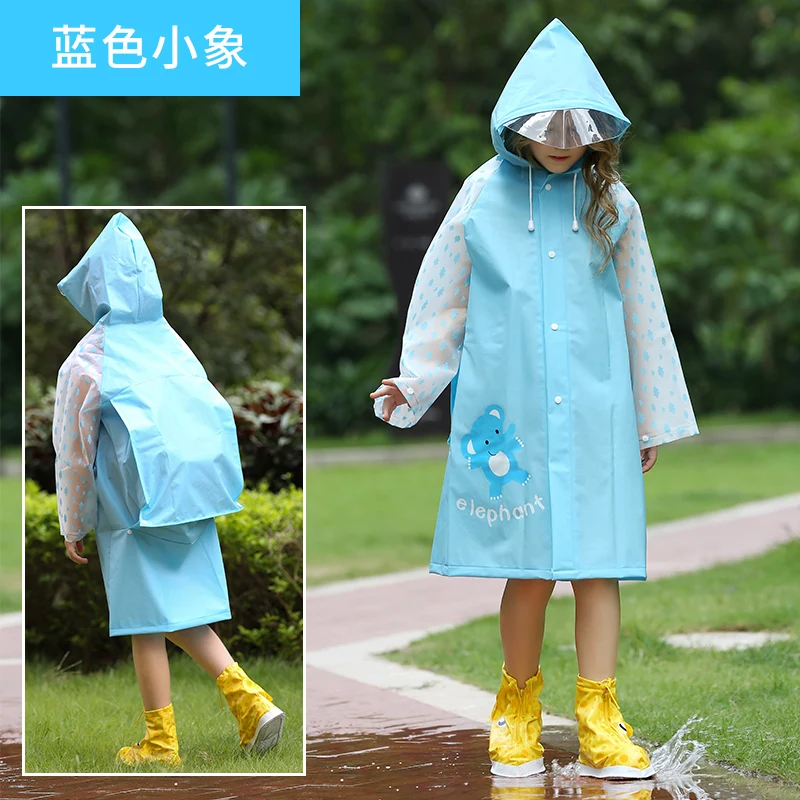 Cute Waterproof Children Raincoat Backpack Long Hooded Kids Hiking