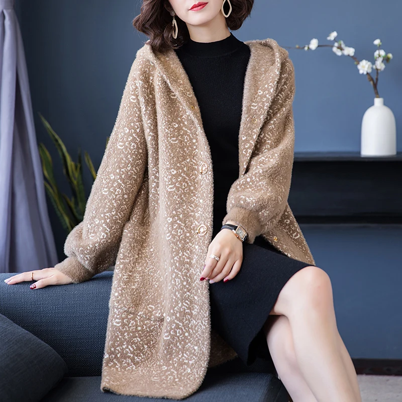 

Mink Cashmere Leopard Knit Coat Women Long Jacket 2019 New Autumn Loose Hooded Cardigan Sweater Coat Female Overcoat AN326