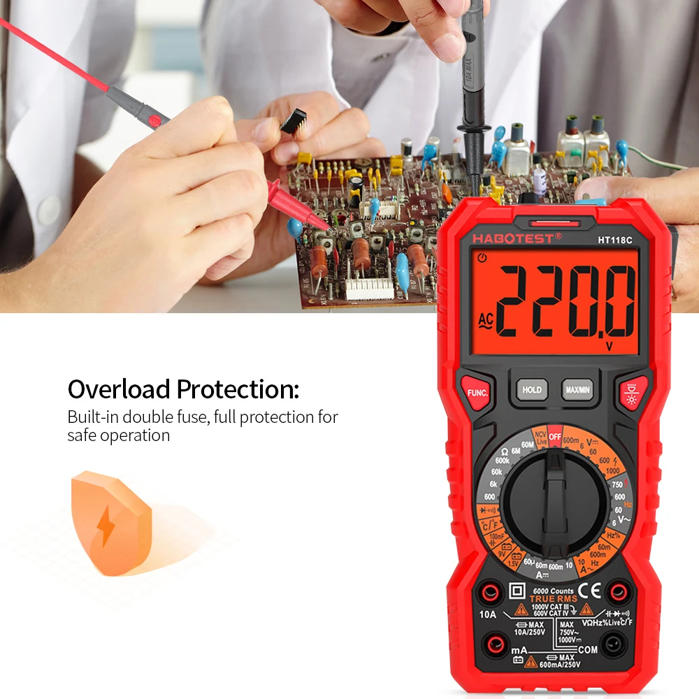 

Digital Multimeter HABOTEST HT118C Manual Range Multi-meter 6000 Counts Measuring Current Resistance With LCD Flashlight