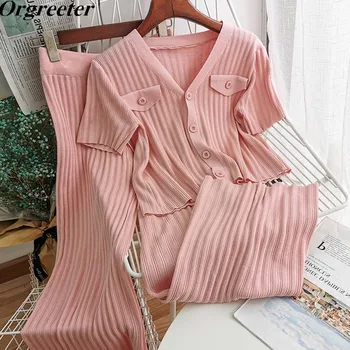 

Knitted Solid 2 Piece Set Women Summer Fall Match V-neck Single-breasted Short Sleeve Cardigan HIgh waist Wide leg Pants Suits