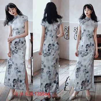 

Printed Floral Lady Classic Chinese Style Dress Vintage Short Sleeve Women Long Qipao Novelty Rayon Cheongsam Big Size 4XL