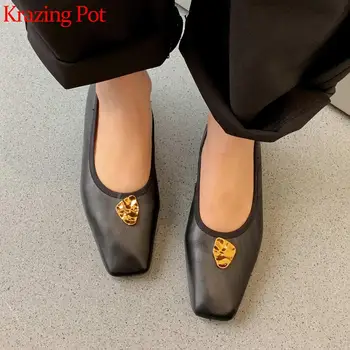 

Krazing pot hot sheep leather square toe low heels soft loafer pleated metal decorations slip on fashion summer brand pumps L21