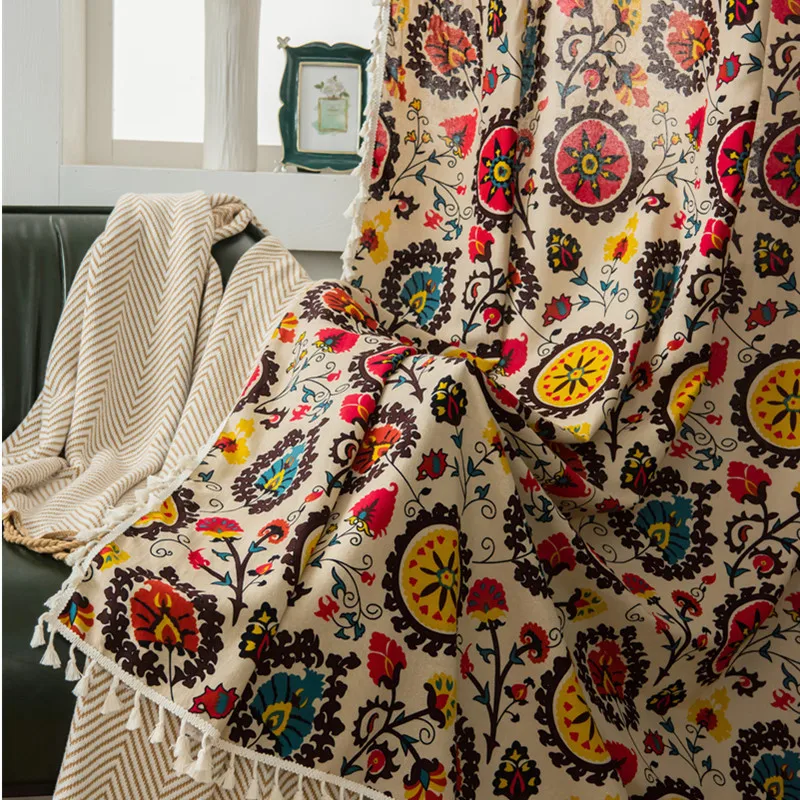 Bohemian Sunflower Cotton Linen Curtains with Tassels for Living Room Bedroom Kitchen Balcony Room Floral Window Blinds Factory 5