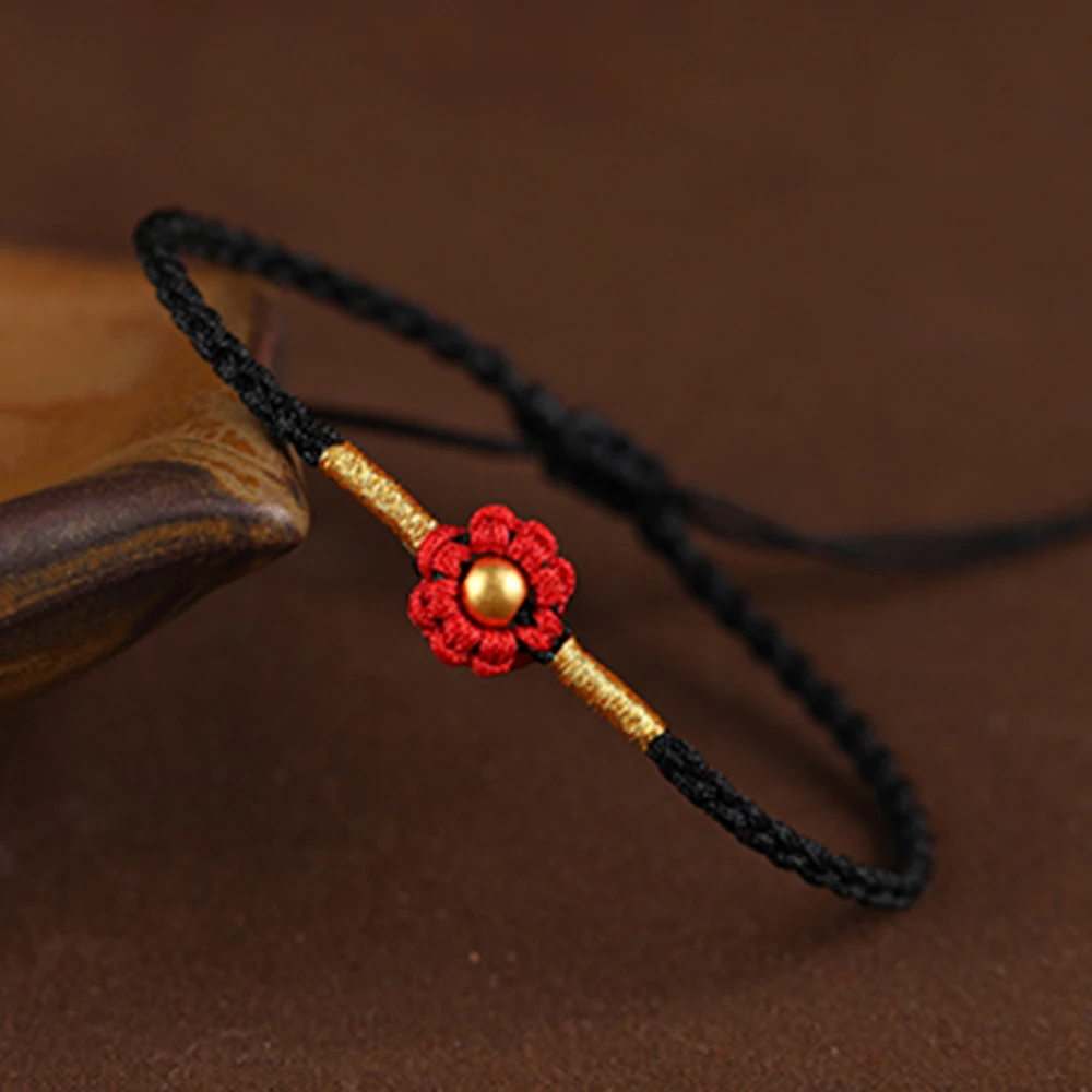 

Плетеный браслет из желтого золота 24 карат, женский браслет на черном шнурке с цветком, гладкая бусина