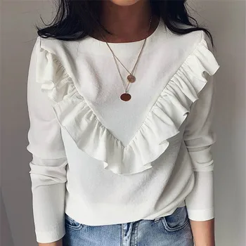

women tops plus size Blouses Lady Office Work Ruffles Elegant Women Long Sleeve O-Neck Shirts Tops Female Spring pullovers