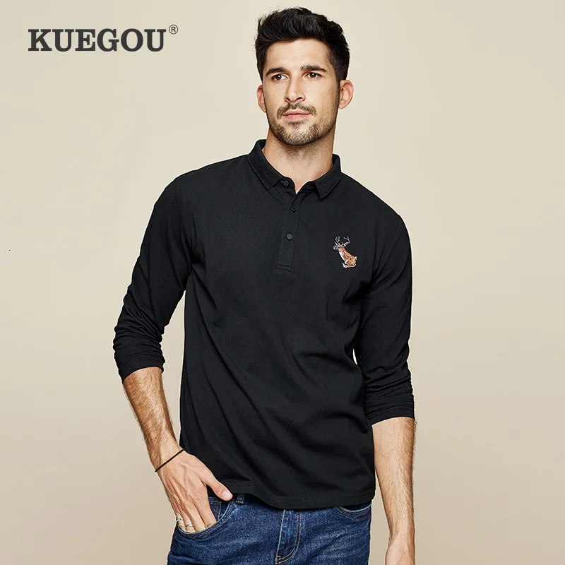 

KUEGOU 2019 Autumn Cotton Embroidery Black Polo Shirt Men Fashions Long Sleeve Slim Fit Poloshirt Male Clothes Brands Top 7704