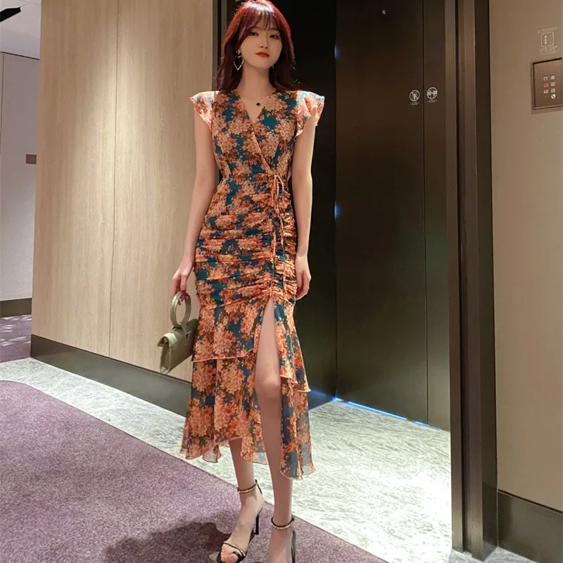 

Print Flower Casual Womens Dresses New Arrival 2020 Short Sleeve Trumpet Ruched Dress Ladies Green Floral Chiffon Dress Summer