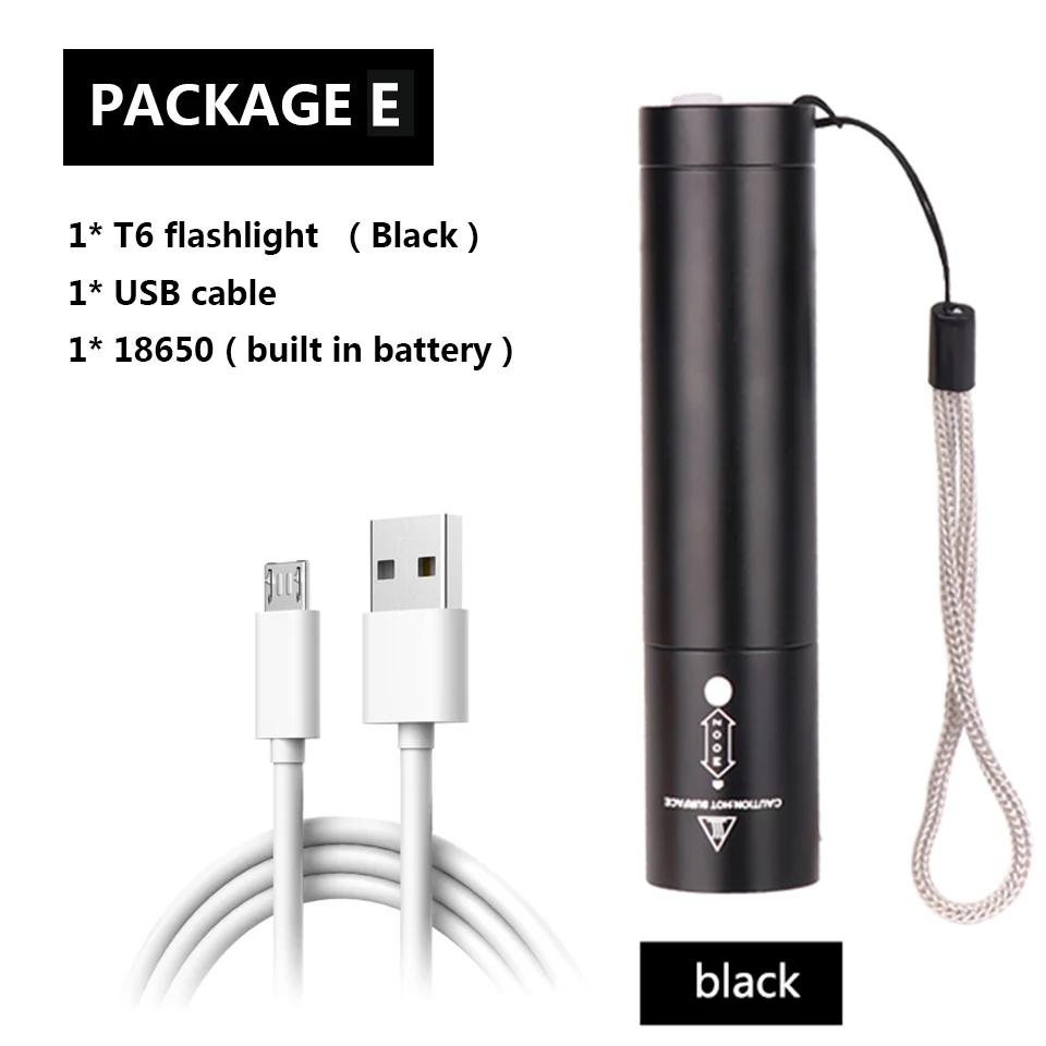 Package E Светодиодный фонарик cree xhp70, зарядка через usb, растягивающийся зум, ударопрочный внешний аккумулятор, перезаряжаемый фонарик 18650 - Испускаемый цвет: Package E