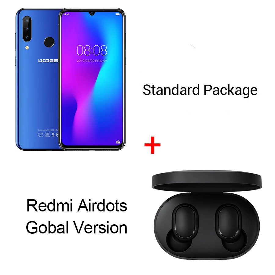 Blue N Airdots DOOGEE N20, новинка, смартфон, 6,3 дюймов, FHD+ дисплей, 4350 мАч, 4 Гб+ 64 ГБ, четыре ядра, 10 Вт, зарядка, отпечаток пальца, 16 МП, тройная задняя камера - Цвет: Blue N Airdots
