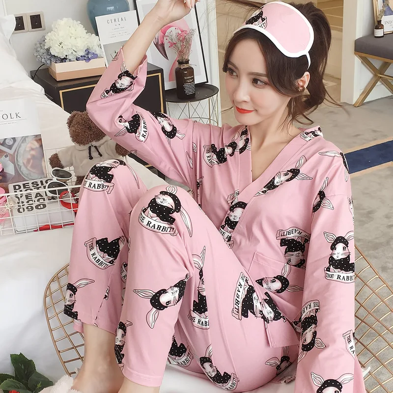 

Japanese Style Pajamas Women's Spring And Autumn Long Sleeve Milk Silk Floss Pink Rabbit Japanese-style Kimono Students Sweet Cu