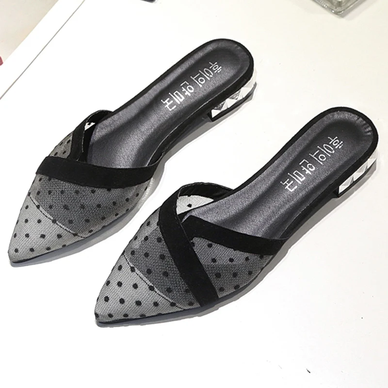 

Fashion Lace Mesh Dot Mules Femme Summer Low Heel Sexy Pointed Toe Slippers Beach Shoes Woman Outdoor Casual Flat Slides Black