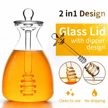 

-2 In 1 Honey Glass Jar With Dipper Stylish and Clear 11oz/14oz 1 pack/4pack Honey Pot with Stir Bar Kitten Spice jar Utensil