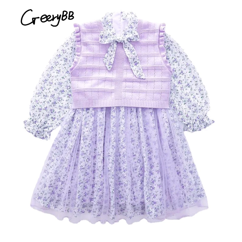 

Teens Fashion Clothing Dress Suit Girls Clothes Set Spring Pullover Mesh Dress Knitting Vest Two pieces Boutique Outfits