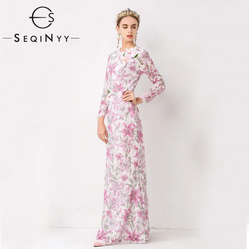 SEQINYY Элегантное Длинное платье Лето Весна модный дизайн Аппликации романтические лилии цветы печатных фиолетовый Кружева Тонкий платье