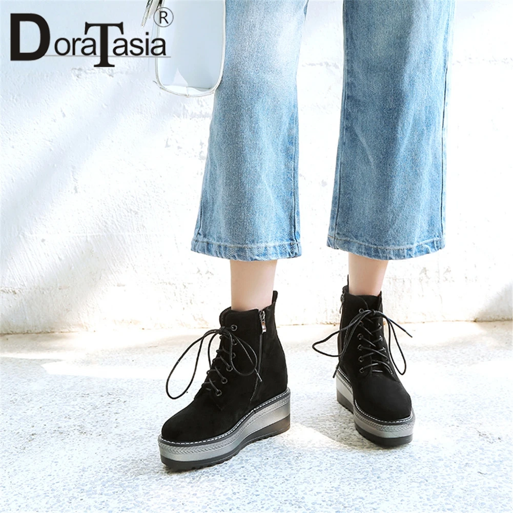 

DORATASIA Brand New Fashion Zip Cross Tied Flat Platform Shoes Woman Casual Party Comfortable Autumn Spring Ankle Boots Women