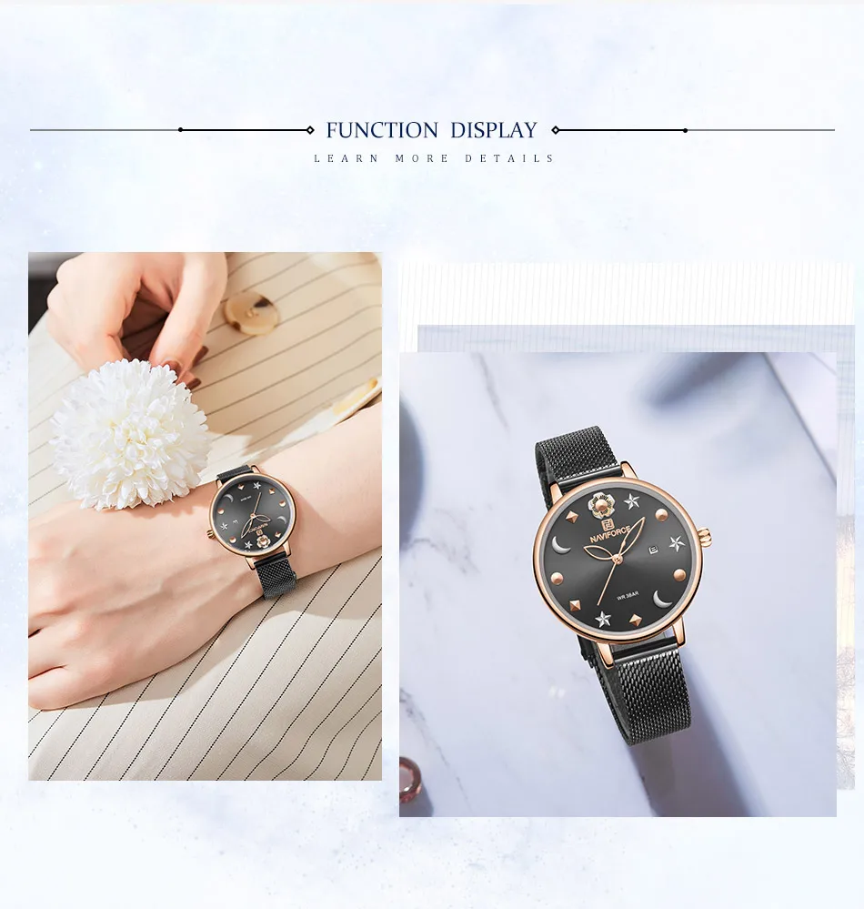 NAVIFORCE, простые модные черные кварцевые часы для женщин, браслет из нержавеющей стали с сеткой, водонепроницаемые повседневные Элегантные женские наручные часы