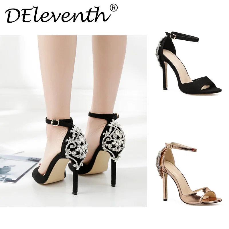 

Elegant Crystal Pointed Toe Wedding Shoe Women's Pumps Solid Flock Fashion Buckle Shallow High Heels Shoes for Women