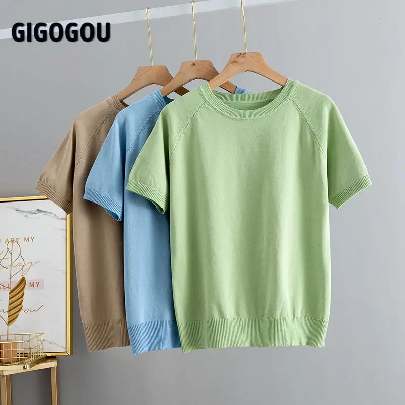 GIGOGOU Solid Women T-Shirt Short Sleeve Korean Style Slim Basic