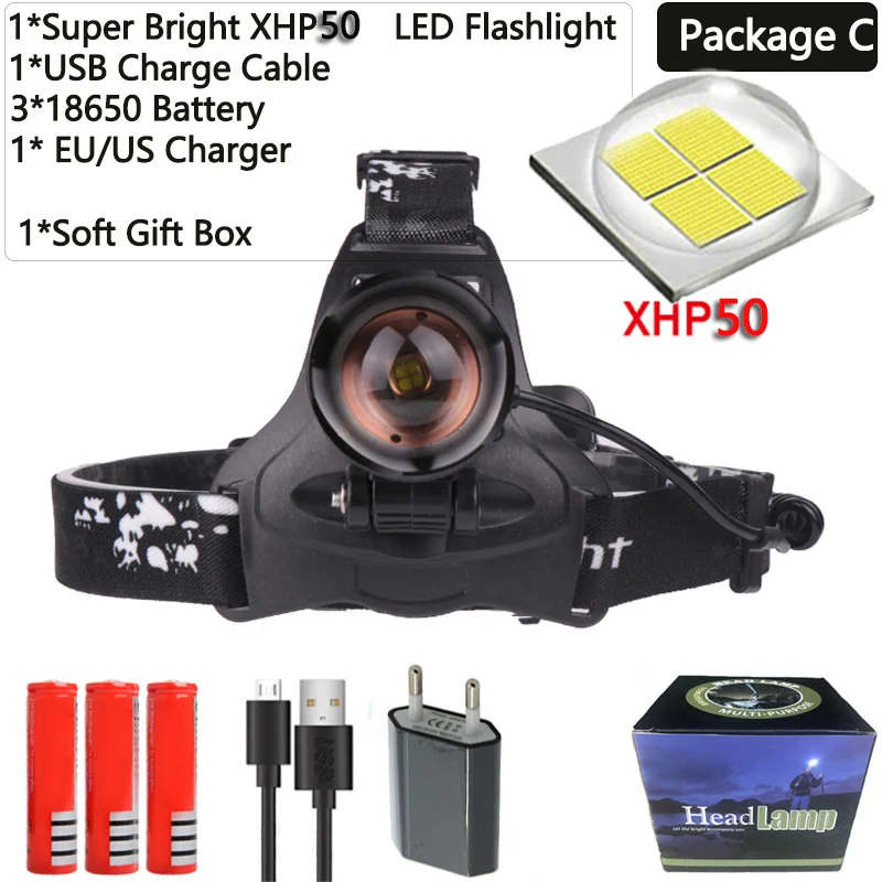 Package C Супер яркий XHP70.2 USB Перезаряжаемый светодиодный налобный фонарь XHP70 самый мощный налобный фонарь для рыбалки, кемпинга, фонарь с зумом на 3*18650 батареях - Испускаемый цвет: Package C