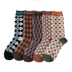 5 pairs / Lot Wool Socks For Women Autumn Winter High Quality Retro Plaid Fashion Long Socks Casual Girls Happy Socks Thick Warm