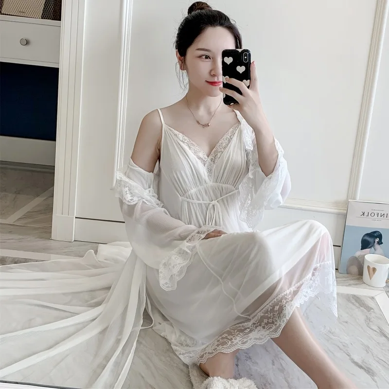 Conjunto feminino para dormir ночная рубашка с v-образным вырезом, костюм с кардиганом, одежда для сна, Ретро стиль, кружевной женский халат