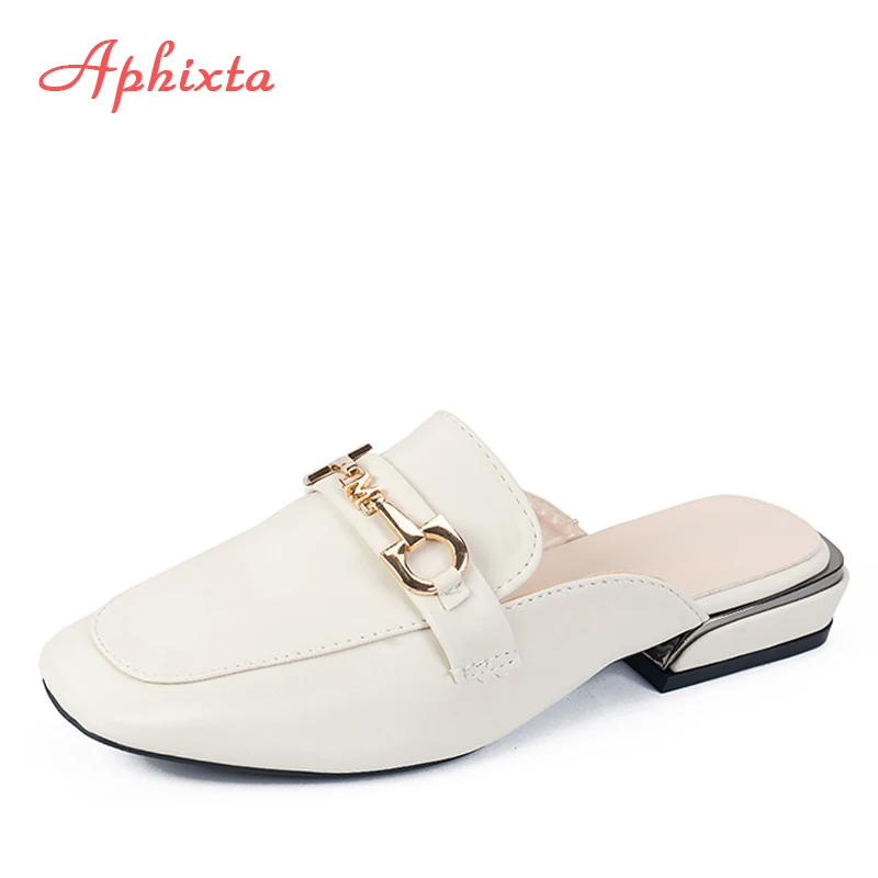 Aphixta/Роскошная металлическая пряжка; тапочки из натурального кроличьего меха; женская обувь; теплые шлепанцы на квадратном каблуке с натуральным мехом; Mujer; большие размеры 34-43