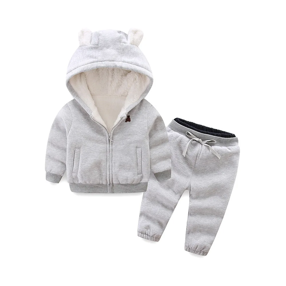 Комплекты одежды для маленьких мальчиков зимние теплые толстовки с героями мультфильмов для новорожденных+ штаны повседневные спортивные костюмы из 2 предметов для маленьких девочек, бархатный костюм - Цвет: Серый
