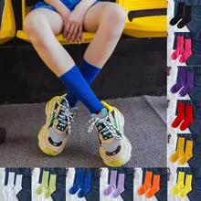 Однотонные женские носки в стиле хараджуку, Осенние повседневные хлопковые носки, зимние носки в Корейском стиле, фиолетовые, синие, желтые, розовые, calcetines mujer