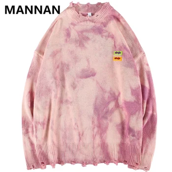 

MANNAN Distressed Destroyed Tie Dye Knitted Hoodies Mens Hipster Hip Hop Pullover Hoodie Jumper Tops Male Fashion Streetwear