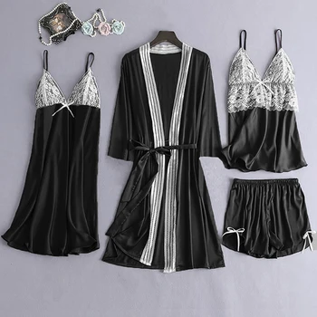 

Sexy 4 Piece Pajama Sets Women's Pajamas Pijama Mujer Pyjamas Women Sleepwear Silk Pajamas Summer Homewear Sexy Pajamas women