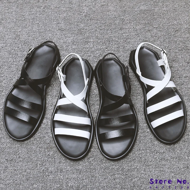 

Mens Sandals Leather Men Summer Shoes 2020 Flat Beach Sandals Male Black White Shoes KA1151