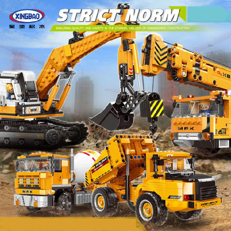 

XINGBAO Assembly Building Blocks Engineering Machinery Truck Car Pusher Excavating Machinery Crane Children Souptoys