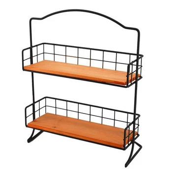 

Wrought Iron Storage Rack Desktop Skin Care Storage Holder Kitchen Supplies Two-Layer European Simple Wooden Basket