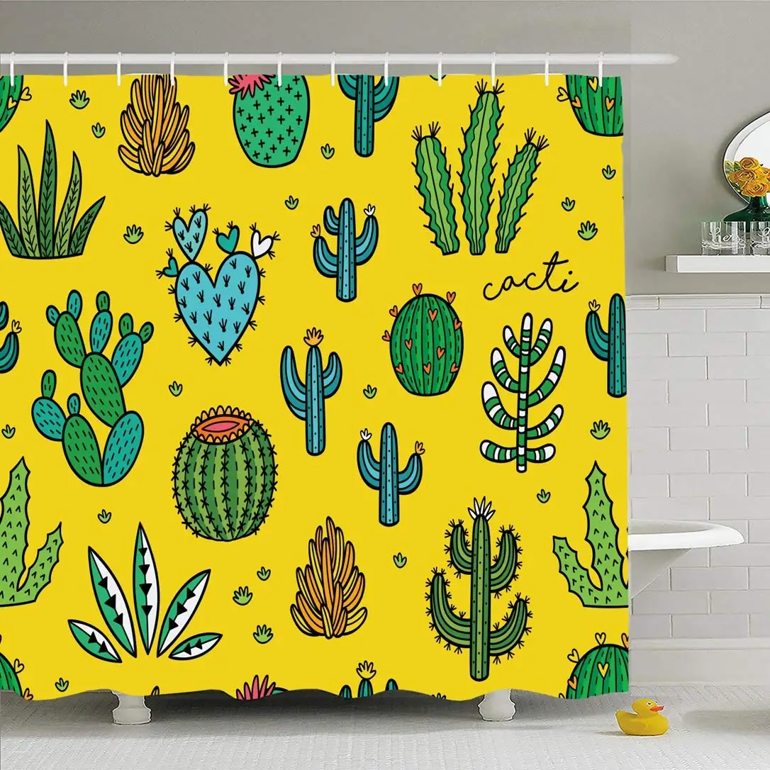 

Shower Curtain Set with Hooks 72x72 Print Cacti Tribal Yellow Ornament Pattern Colorful Paper Hand Surface Drawn On Nature
