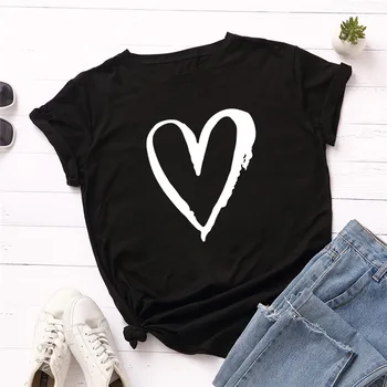 

Plus Size S-5XL New Heart Print T Shirt Women 100%Cotton O Neck Short Sleeve Tees Summer T-Shirt Pink Tops Casual TShirt