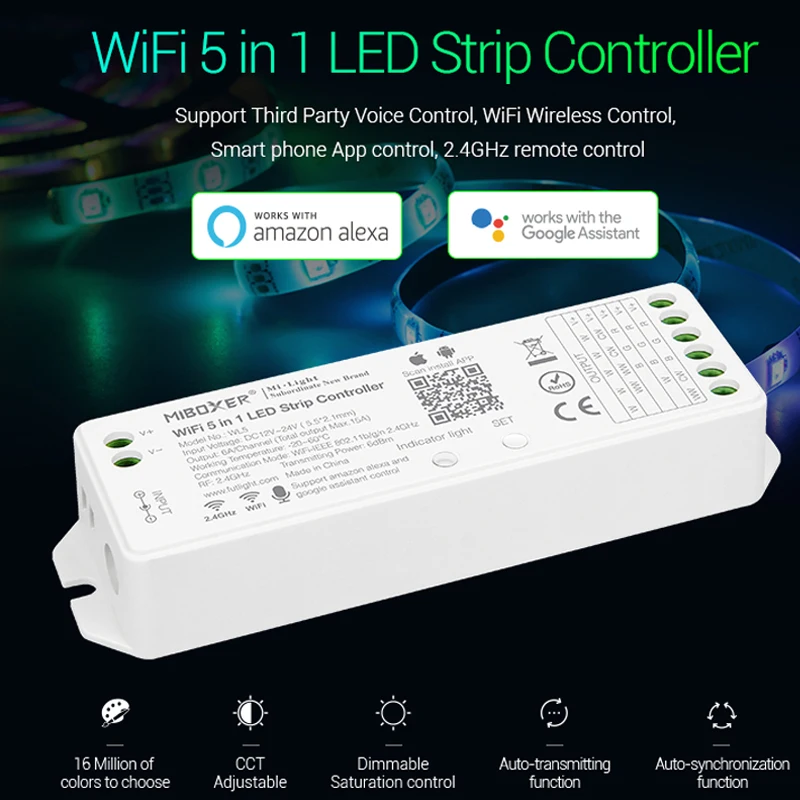 WL5 MiBOXER 2,4G 15A 5 в 1 WiFi светодиодный Светодиодный контроллер Одноцветный CCT RGB RGBW RGB+ CCT светодиодный контроллер с поддержкой Amazon Alexa